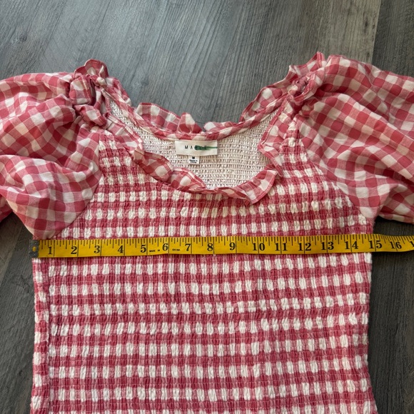 MABLE Pink White Check Ruffle Dress Smocked Stretch Medium Bodycon - Picture 9 of 11